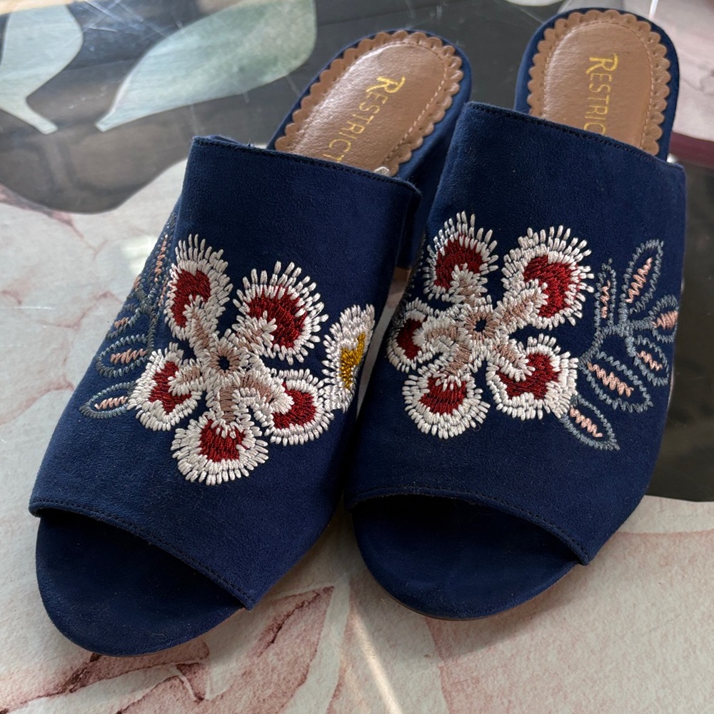 Restricted Navy Embroidered Mules